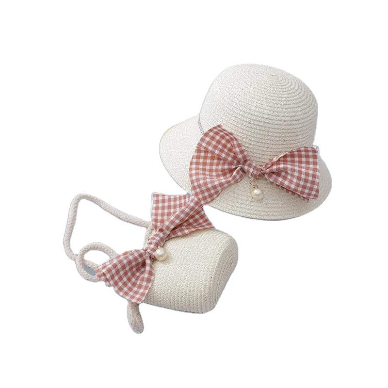 wide brim Summer kids Beach Sun Hat Children Girl Bucket Straw Hat Flower bag two outdoor travel hood