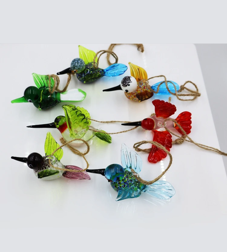 Hand Blown Murano Lampwork Fusing Glass Craft Home Decoration Hanging Hummingbird Bird Figurines Ornament Hook for Interior
