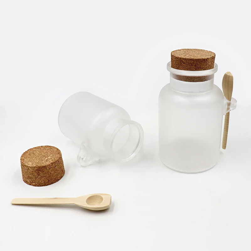 100ml 200ml 300ml 500ml frosted plastic bottle ABS bath salt jar with cork lid Small spoon clear wide mouth bottles big capacity