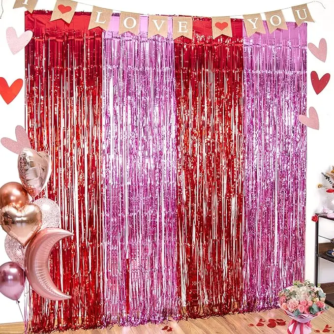 Valentines Foil Fringe Curtains Party Decorations Red Pink Tinsel Material Curtain Photo Backdrop Streamer Backdrop