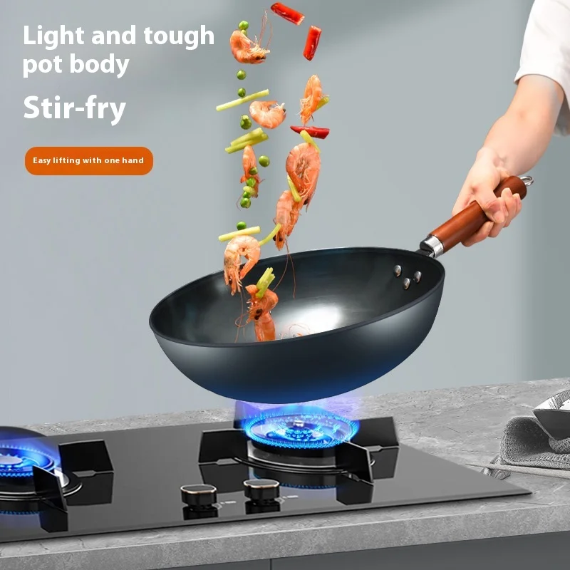 Traditional Household Iron Wok Non-Coated Non-Stick Pan with Lid for Induction Cooker Gas Chinese Style for Cooking