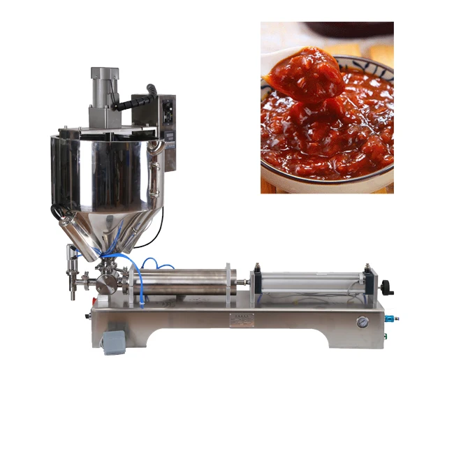 Manual automatic pneumatic stirring chopped chili sauce tomato sauce thick paste mixing filling machine with heated hoper