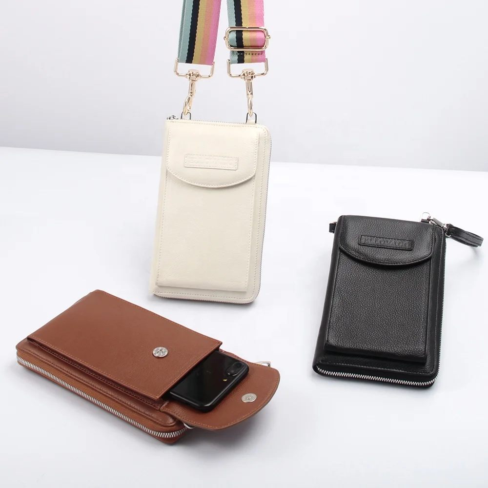 Custom Fashionable Real Leather Ladies Phone Bag 6 Card Slots Crossbody Cellphone Bag With Long Adjustable Strap
