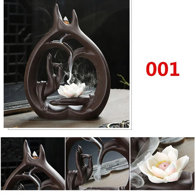 Factory Direct Sale China Censer Creative Buddha Hand Smoke Backflow Incense Burner Lotus Flower Ceramic Incense Holder