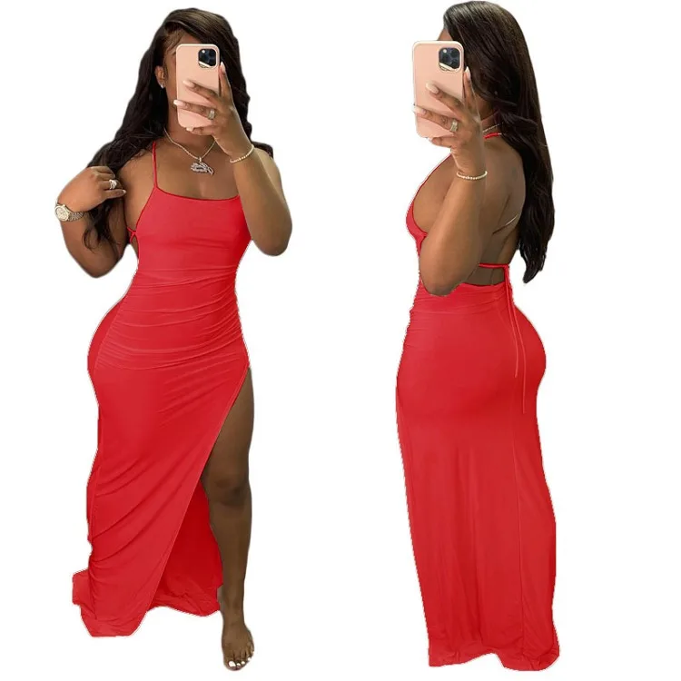 Сарафаны женские летние 2023 облегающее платье без рукавов на шнуровке с открытой спиной пляжные однотонные платья-Макси с разрезом летнее облегающее платье