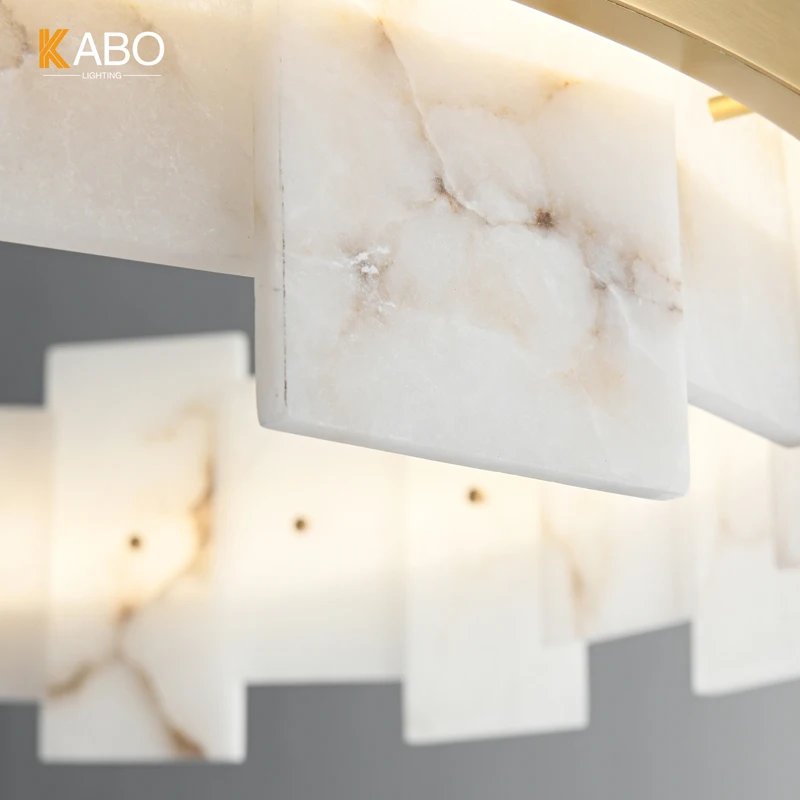 Nordic Natural Alabaster Luxury Living Room Chandelier Modern Simple Dining Room Villa Copper Rectangular Led Chandelier