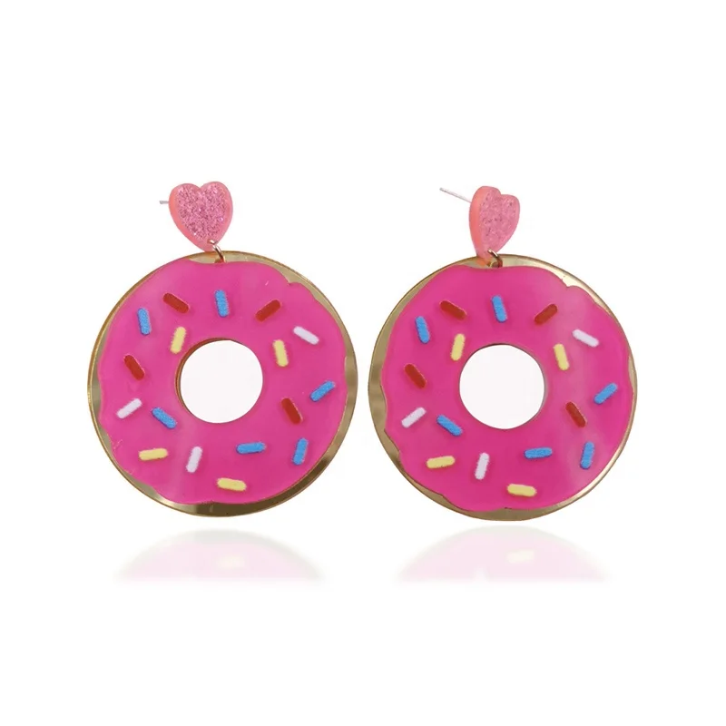 Quality Glitter Heart Hot Pink Donut Mirror Acrylic Drop Earrings Cute Rainbow Girls Jewelry Gift