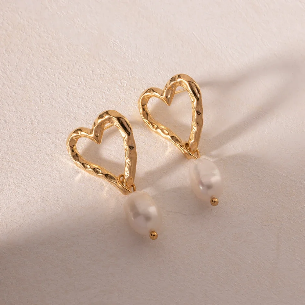 SUMMLY 18K Gold Plated Freshwater Pearl Heart Stud Earrings Trendy Stainless Steel Religious Jewelry for Women for Parties