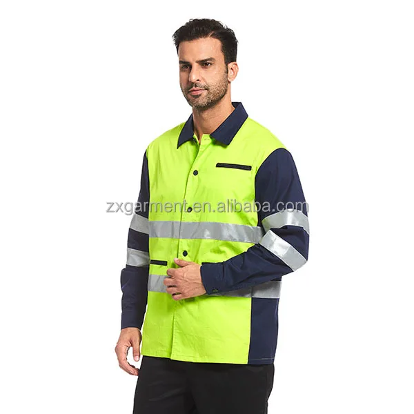 2024 OEM ODM оптовая продажа инженерная форма рабочая одежда двухцветная флуоресцентная зелено-темно-синяя Светоотражающая Рабочая Рубашка