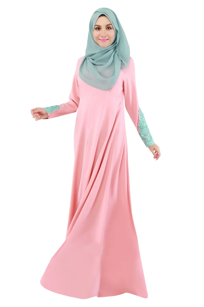 Solid Color Dubai Islamic Muslim Women Chiffon Pleated Embroidery Lace Sleeve Long Dress