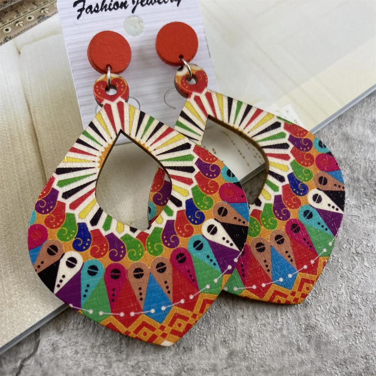 Bohemian Wood Geometric Peacock Feather Pattern Dangle Earrings for Women