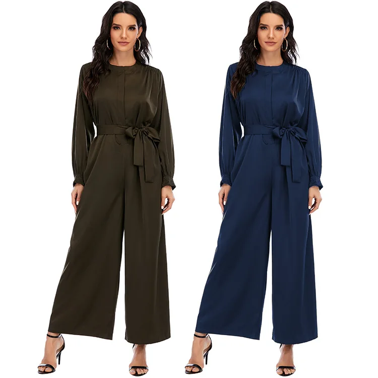 Wholesale Dubai Fashion Muslim Women Jumpsuit Islamic Ladies Solid Color Abaya Clothing With belt