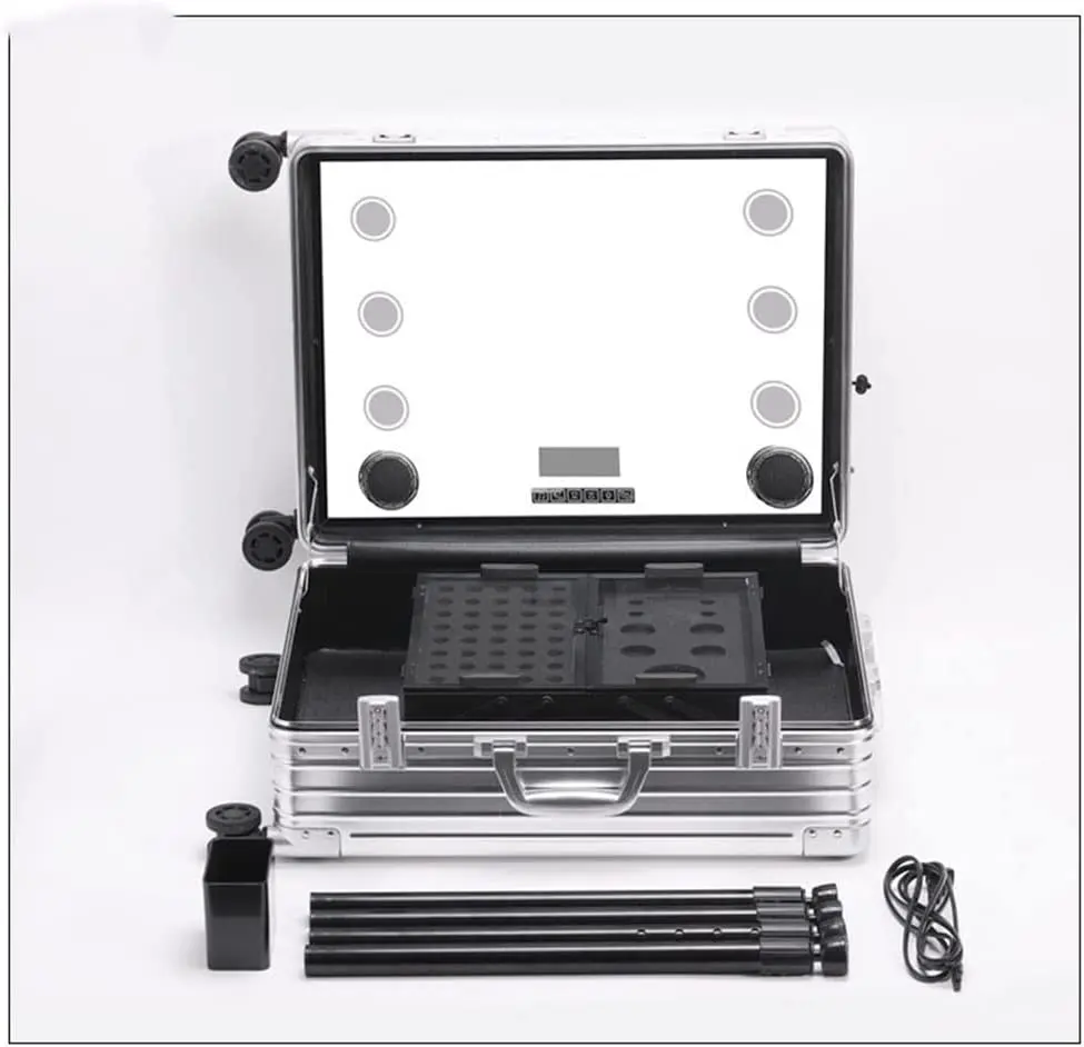 Makeup Trolley Case LED Light Mirror Case Silver Suitcase Folding Table Bag Aluminum Rolling Makeup Case