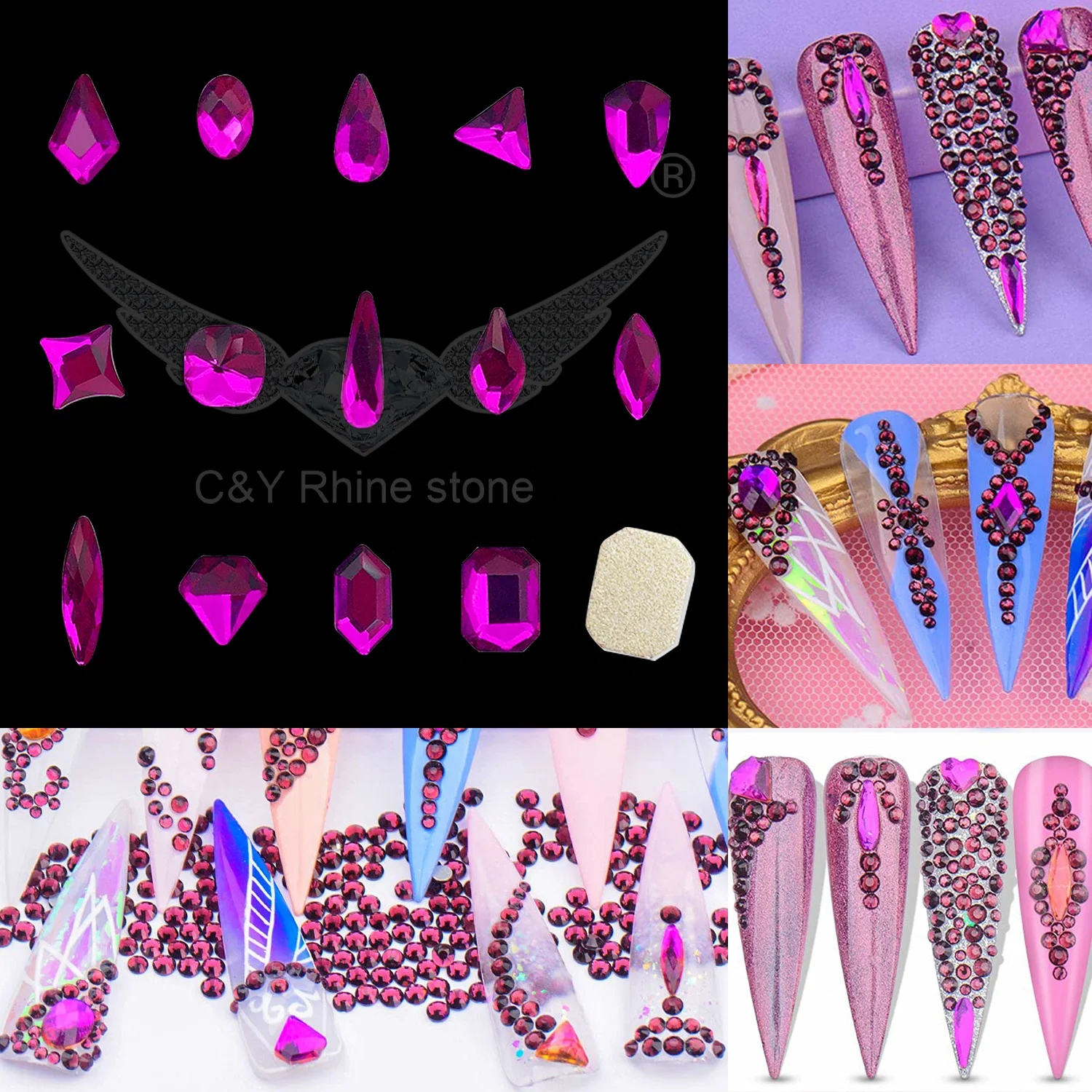 CY 12 Grid Box Crystal Rhinestone Nail And Color Flat Back Crystal Rhinestone Nail Enhancement Set