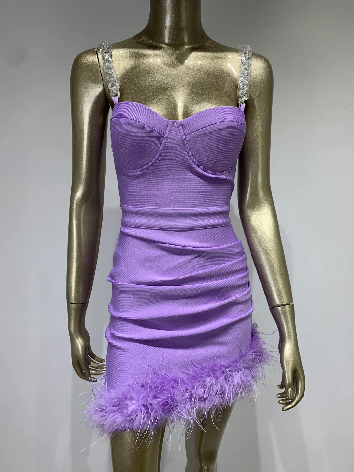 Hot Sale Bandage Skirt European American Fashion Long Tight-Fitting Pleated Feather Stitching Solid Print Mesh Dress