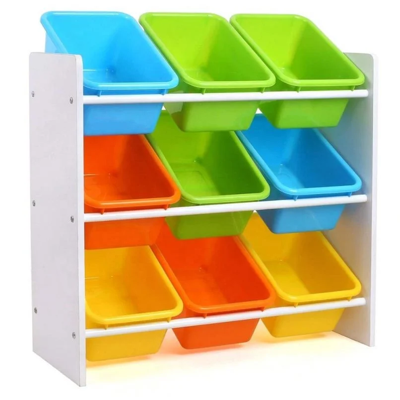 3 tier wood toddler children kids grey toy storage organizer rack shelf with plastic box bin