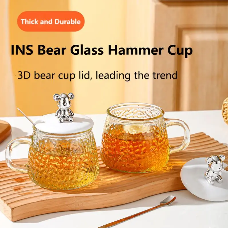 Coffee Mugs With Handle And Bear Lid High Quality Hammer Coffee Glass Cup With Spoon