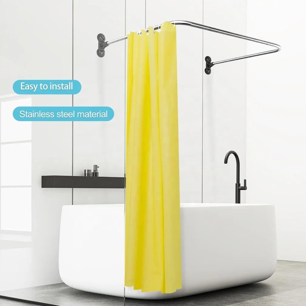 BAOYOUNI No Drilling Metal Bathroom U Shaped Shower Rod Wall Mounted Corner Bath Curtain Rail for Bathtub