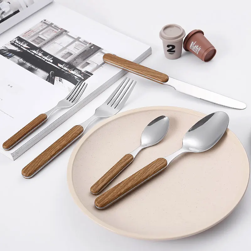 Wholesale Stainless Steel Knife Fork Spoon Set with Wooden Handle Home Kitchen Restaurant Food Grade Stainless Steel Cutlery