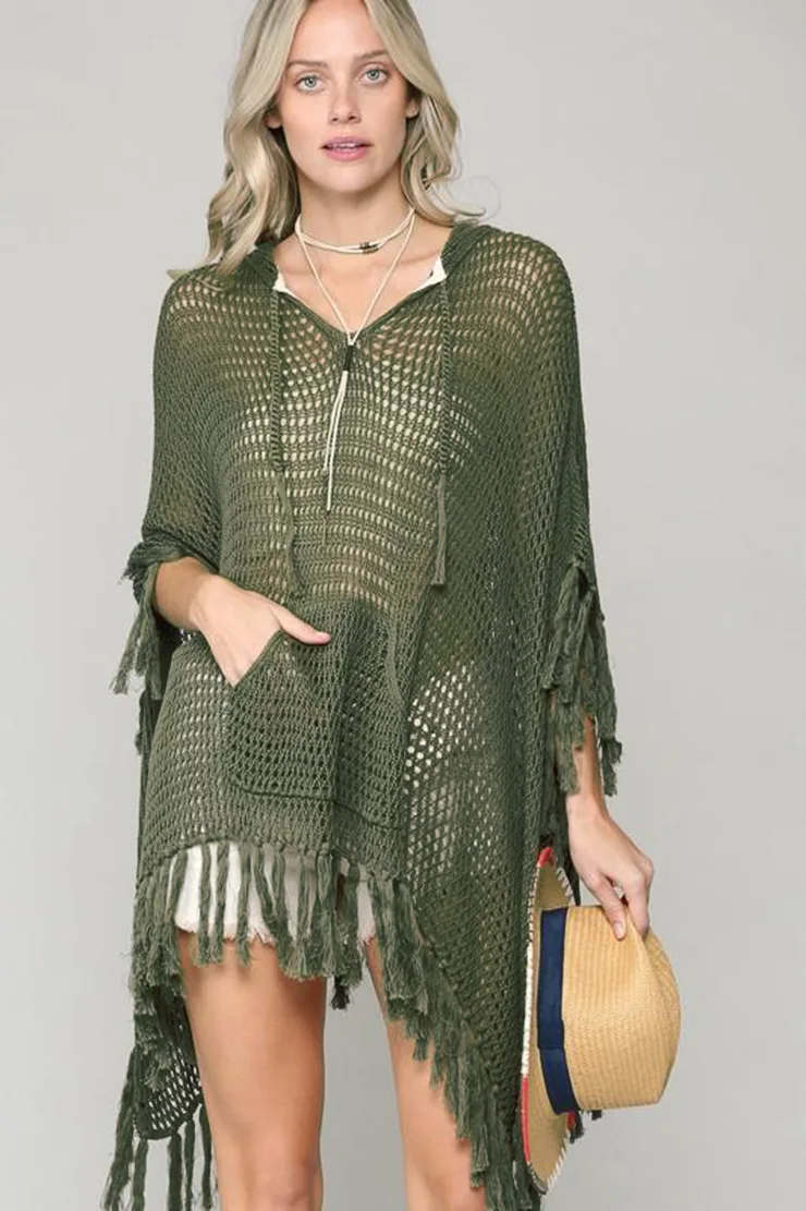 Women's Beach Cover Tassel Knitted Cover Ups Hooded Crochet Sweater Sexy Bikini Mesh Covers Bathing Suit Dress up Army Green