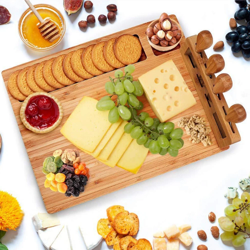 Private Label Thick Wooden Bamboo Cutting Board And Knife Set Charcuterie Meat Platter Serving Cheese Board With Cheese Tools
