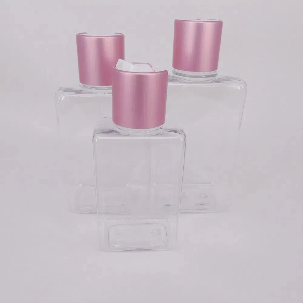 Silver Flip Cap Top 100ml 150ml 200ml Square Shape Transparent Plastic Bottles With Rose Gold Pink Disc Cover Aluminum Cap