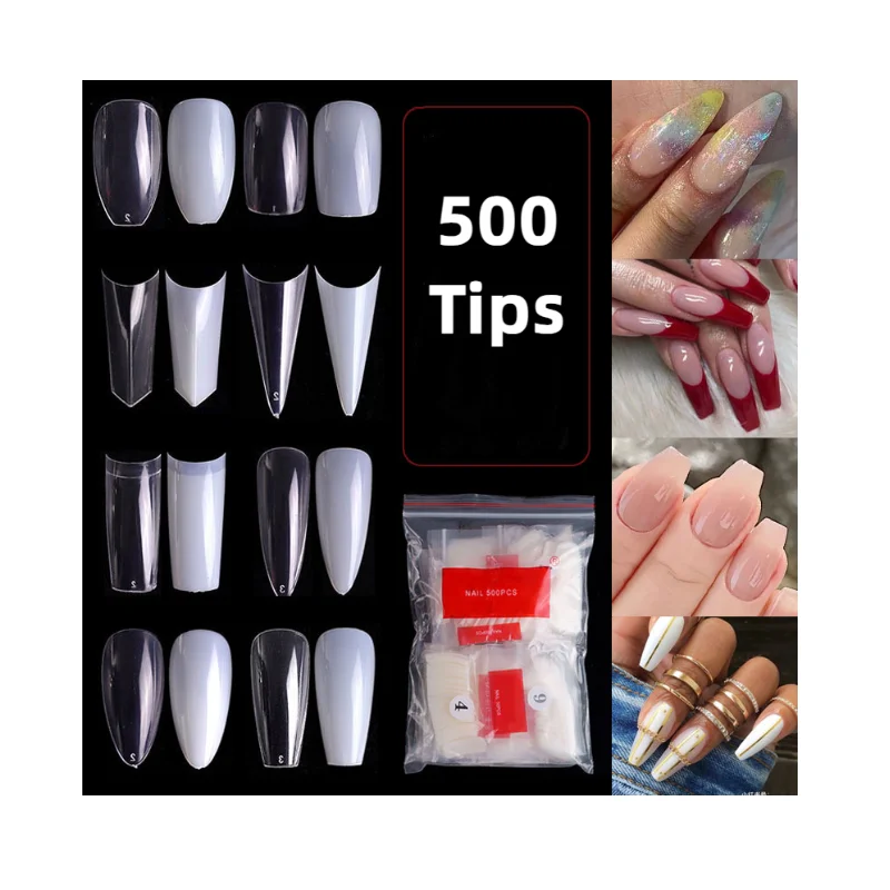 33 Designs 500 Tips/Bag Natural Clear False Nail Tips Cheap Price Half Cover Full Cover Tips French Acrylic ABS Wholesale