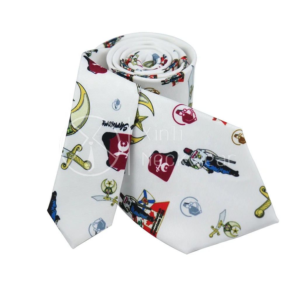 Factory Price White Masonic Shriner Cartoon Logo Pattern Digital Printed Bow Tie Custom Polyester Necktie Set for Men