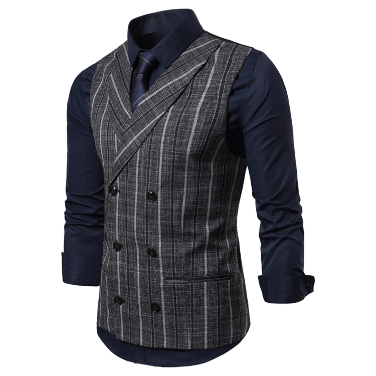 Smart Casual Striped Gilet Vest Formal Men Waistcoat Double Breasted Cotton