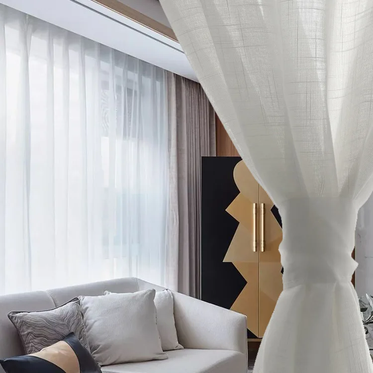 Home Decor Window Voile White Linen Fabric Eyelet Sheer Curtain For The Living Room
