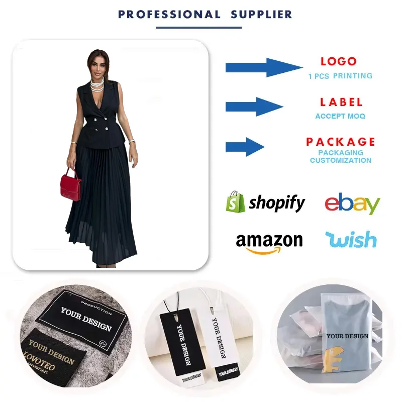 HK7438 Summer Women Long Skirt Set Elegant Lapel Sleeveless Double Breasted Top And Pleated Skirt Set 2 Piece Outfits For Women