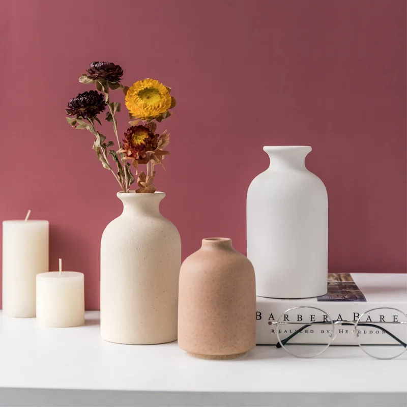 Nordic retro creative home furnishings cylinder bottle shape hydroponic container coarse pottery frosted ceramic vase