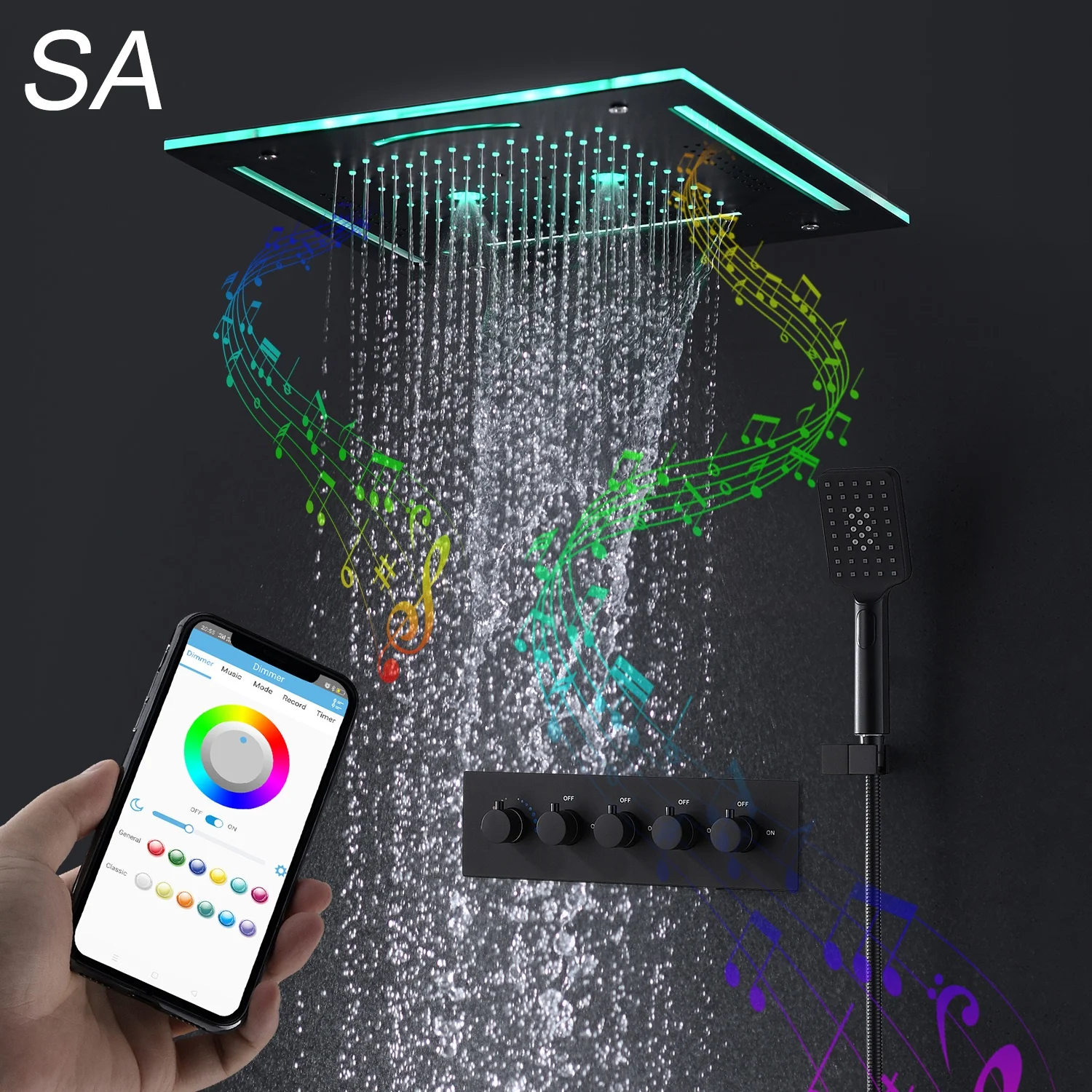 Luxury Bathroom Shower LED Black Stainless Steel Rain Shower Head Wall Mounted Tub Faucet Telephone Bluetooth Music Shower Set