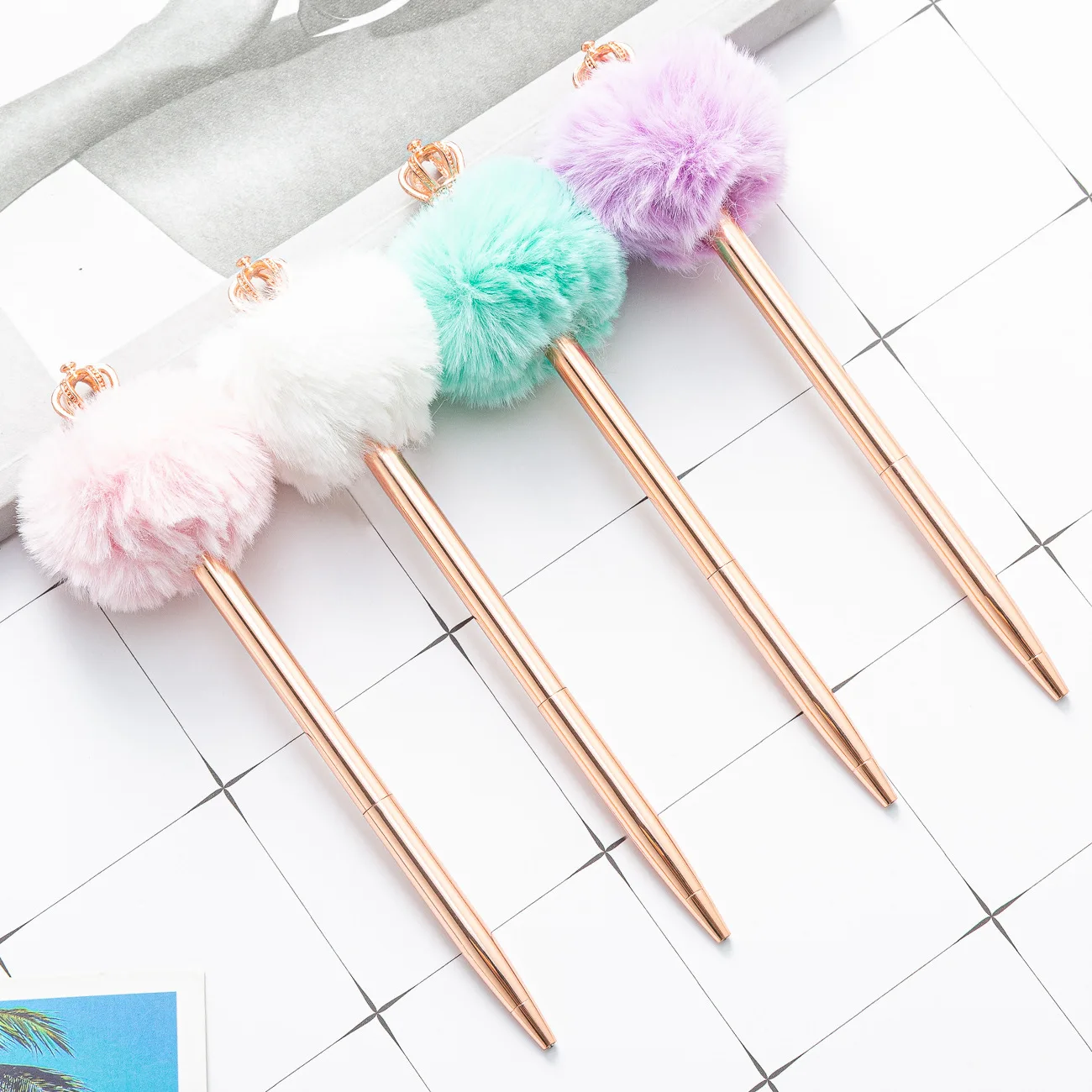 Innovative Kawaii Cute Bow Plush Ballpoint Pens with Logo Scandinavian Style Pom Pom Novelty Metal Body 1.0 mm Christmas Gift