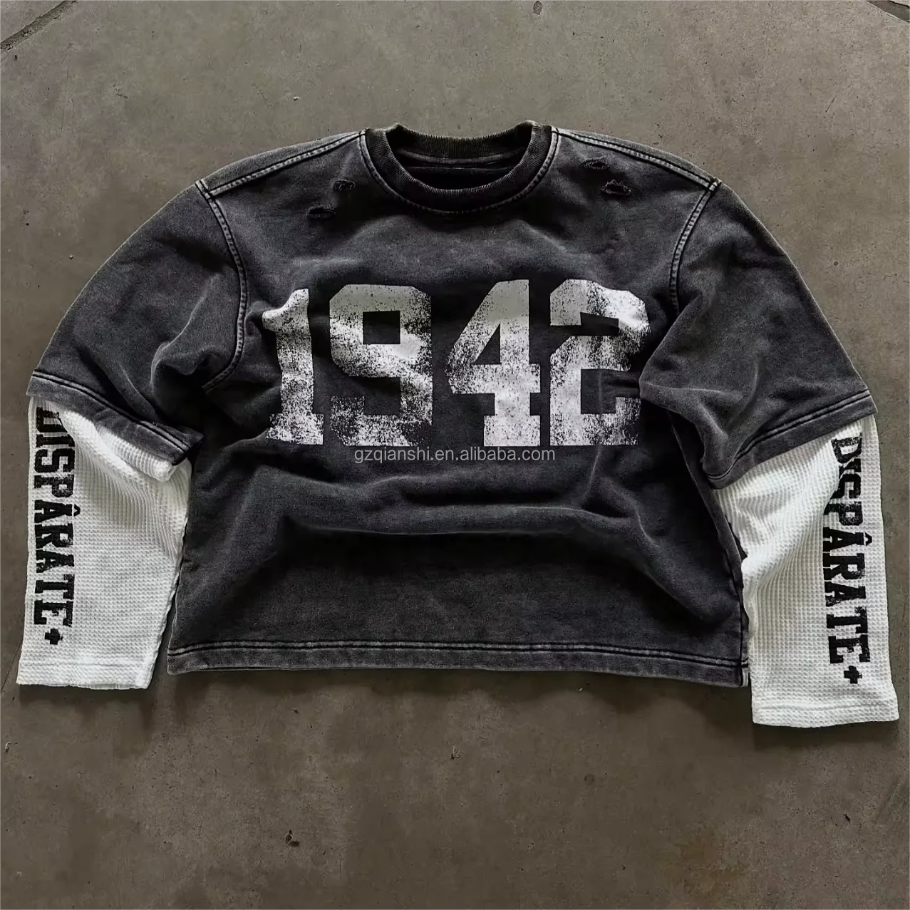 Custom round neck 240 gsm cotton Oversized Vintage Distressed Acid Wash boxy T Shirts black Double Layer Long Sleeve T-shirts