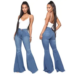 High Waist Slim Fit Stretch Plus Size Stacked Denim Flared Bell Bottom Jeans Pants Women flared boot cut jeans for women