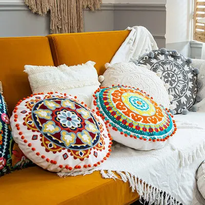 Bohemian Round Cushion Cover with Embroidery Ethnic Throw Pillow Cover for Sofa Couch Chair