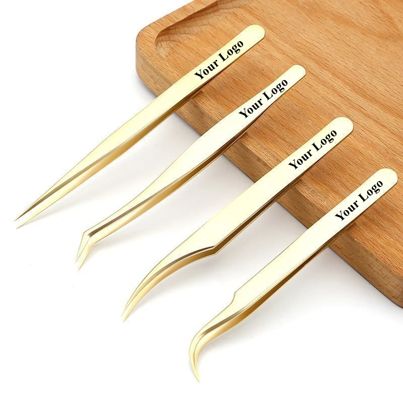 Low MOQ Custom Gold Lash Straight and Curved Tweezers Eyelash Extension Tweezers For Professional