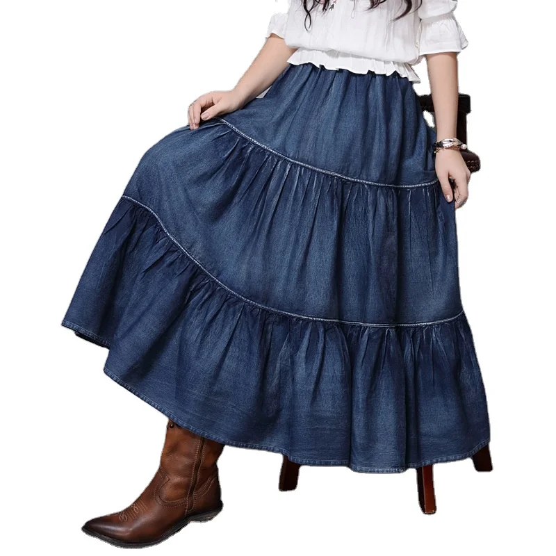 High quality brand style pleated oversize big long skirt jean denim plus size womens skirts