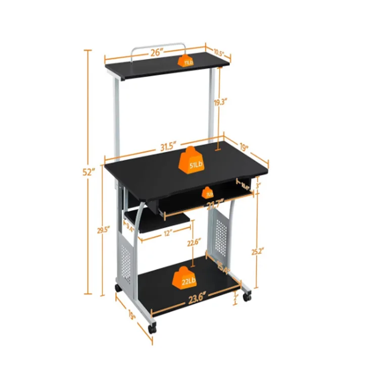 3 Tiers Rolling Computer Desk with Keyboard Tray and Printer Shelf for Home Office, Mobile Computer Desk
