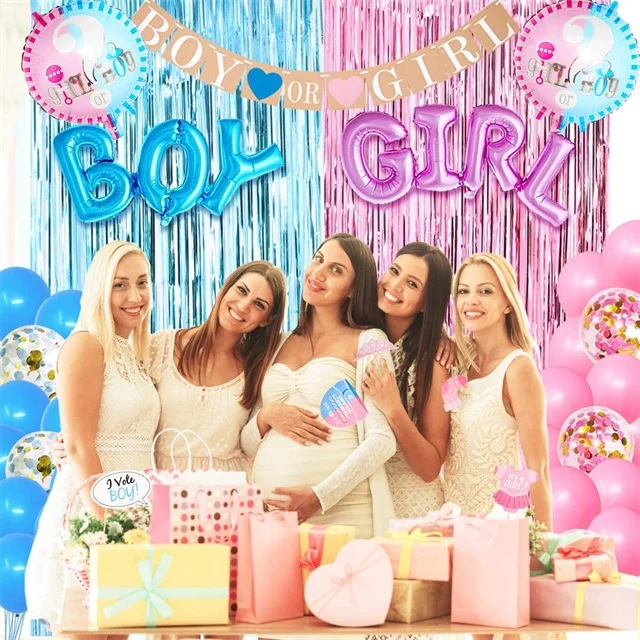 Baby Gender Reveal Decorations kit with 36' Gender Reveal Balloon Banner Cake Toppers Fringe Curtains Baby Shower Supplies