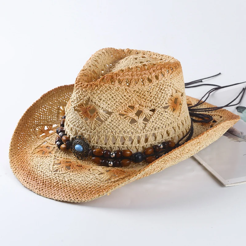Wholesale Hand Crochet Hollow Design Western Summer Paper Straw Cowboy Hats for Women Men Resort Beach Travel Sun Shade