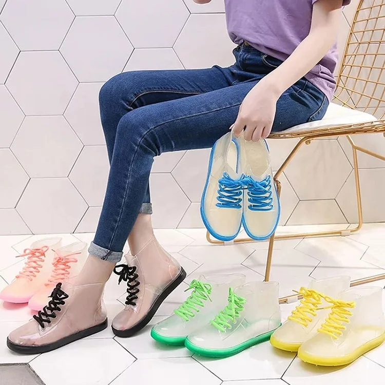 Fashion custom new style transparent  PVC rain boots waterproof jelly shoes outdoor girls riding warm skidproof galoshes