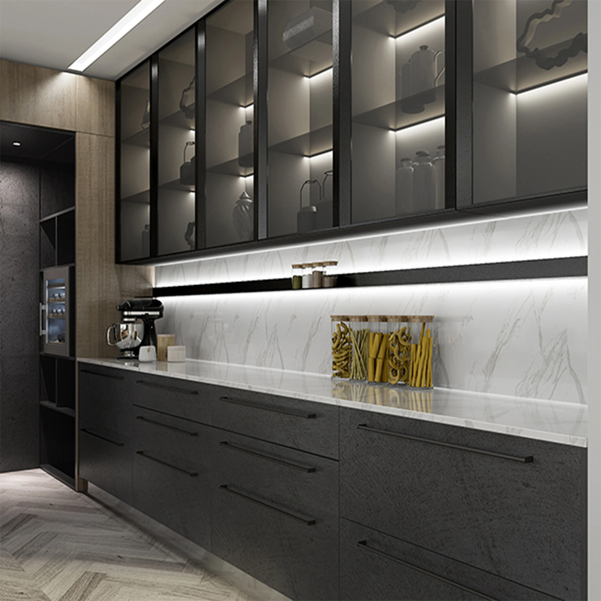 
Hot Sale Wholesale hotel project PVC kitchen cabinets with Insland 