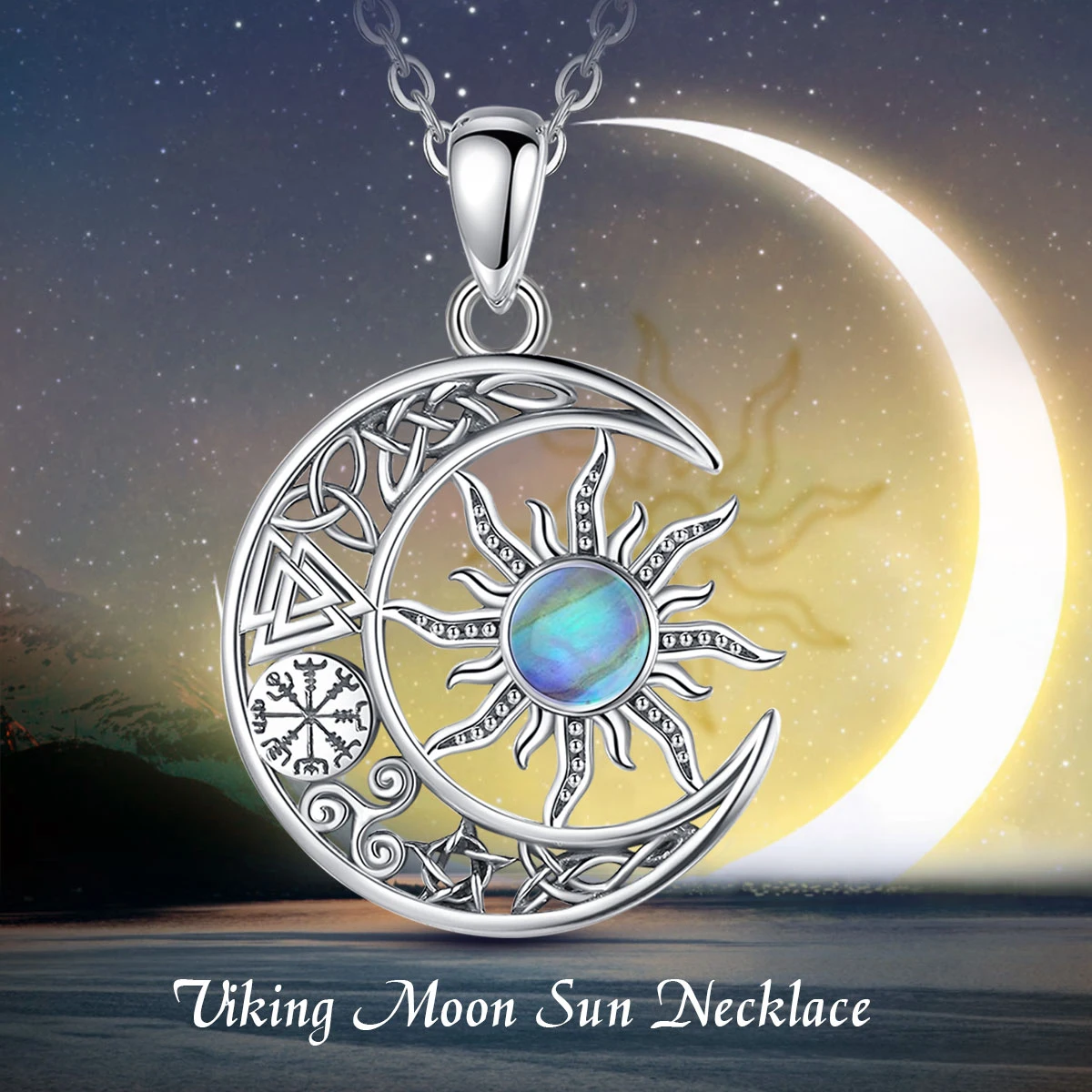 Changda 925 Sterling silver moonstone viking jewelry celtic irish knot moon and sun pendant necklace