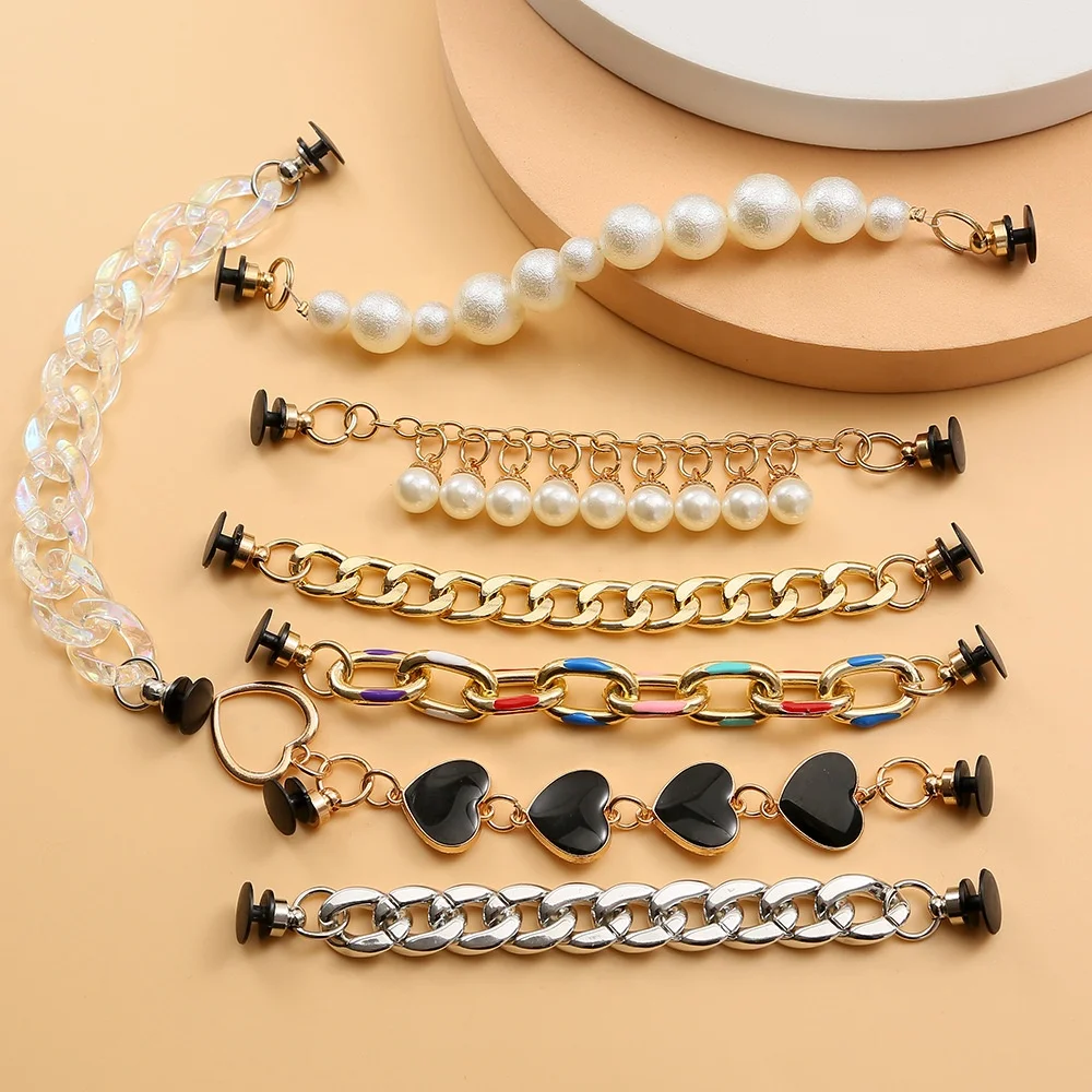 Hot sale luxury shoe chain rhinestone alloy  pearl gold sliver metal croc charms chains for crocs sandals