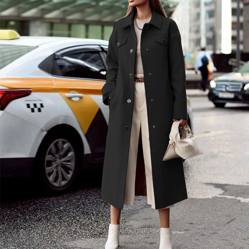 2022 fall elegance office long coats single-breasted lapel casual mid-length women woolen trench coat