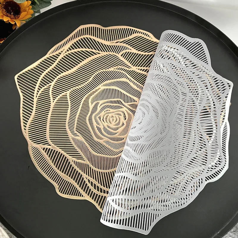 Round Gold Placemats Rose Flower Pressed Vinyl Place Mats Elegant Tablemats Kitchen Table Setting for Table Decorative