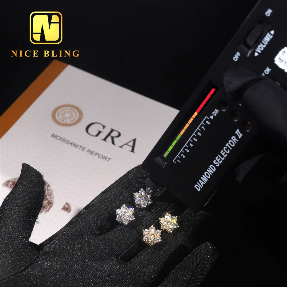 Hot Sale Pass Diamond Tester Hip Hop 925 Silver Gold Plated VVS Diamond Moissanite Flower Stud Earrings Cluster