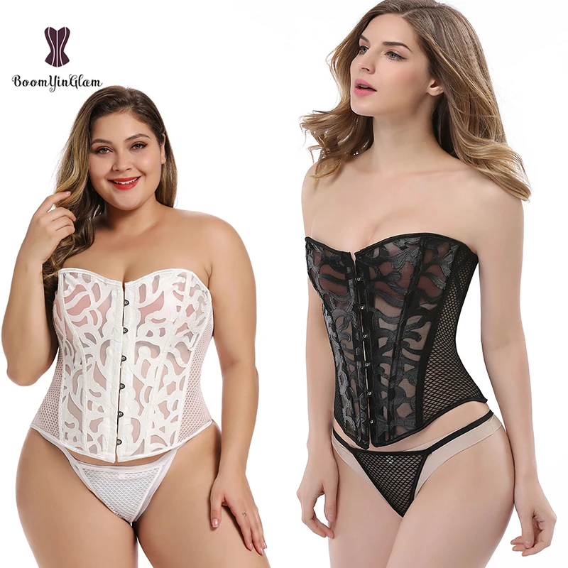 Plus Size XS To XXXXXXL Mesh Corset Top Bustier Hollow Out Bodysuit Lingerie Underwear Sexy Women Transparent